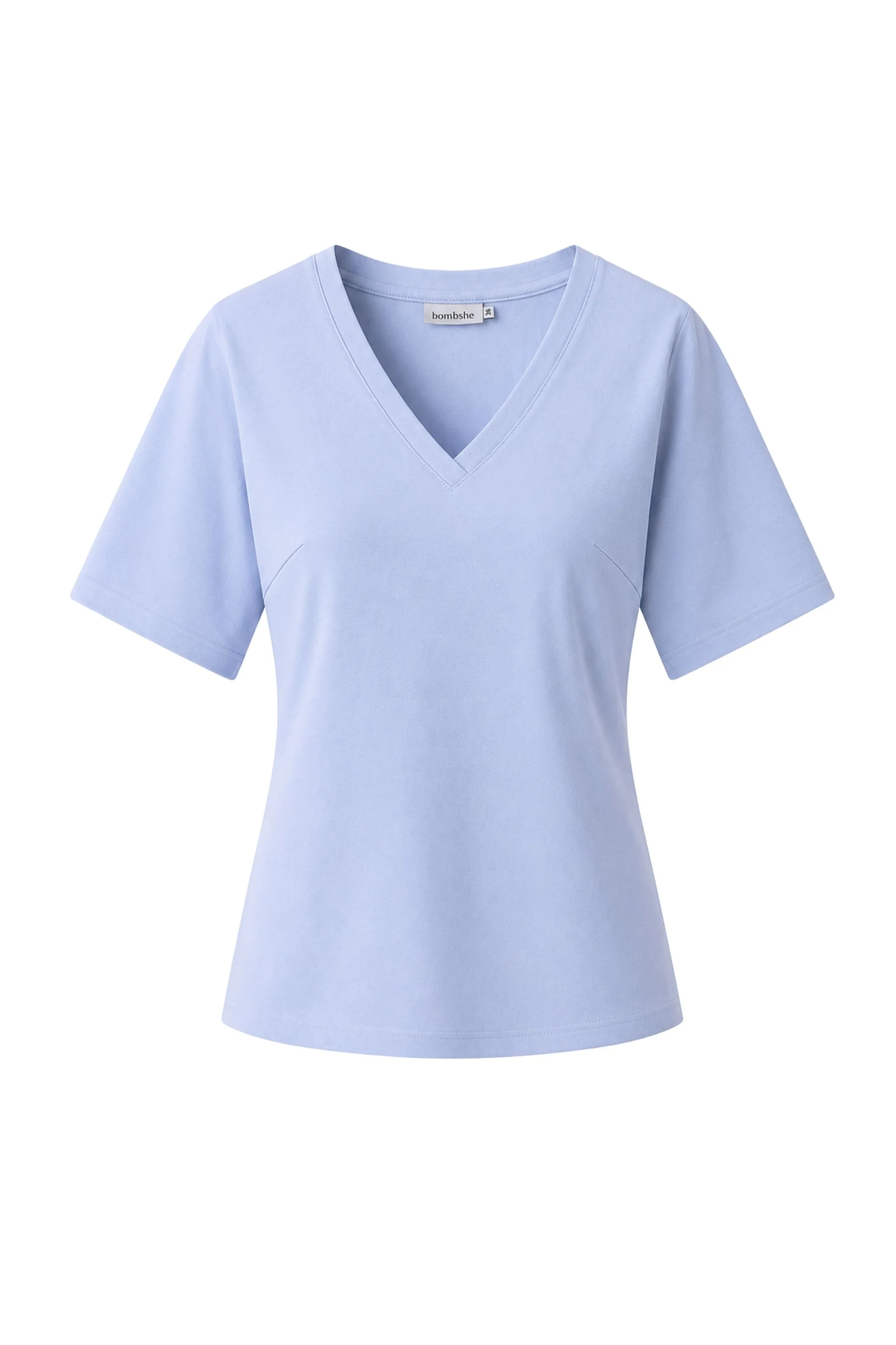 T-shirt z dekoltem V z taliowaniem baby blue