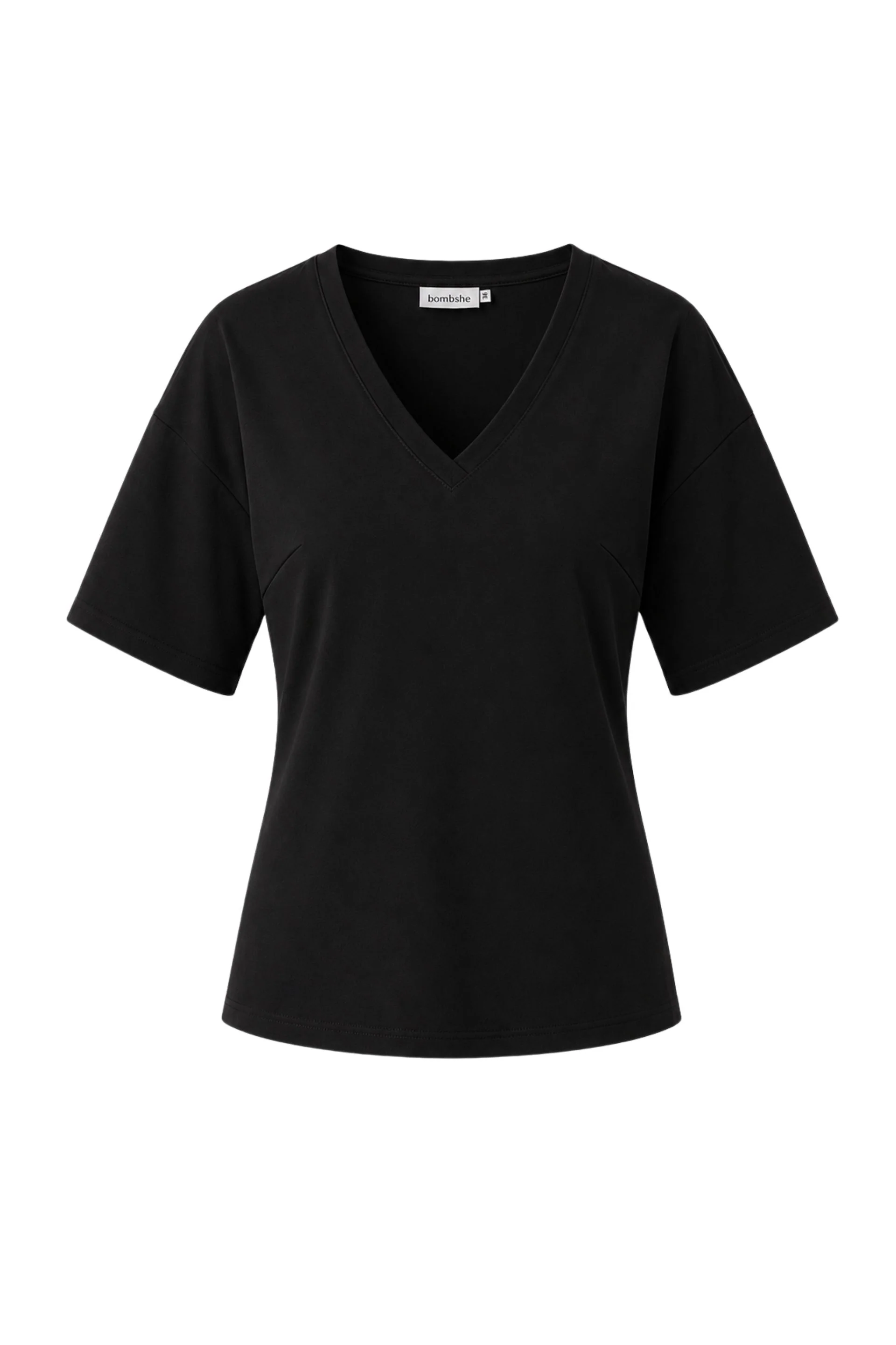 T-shirt z dekoltem V z taliowaniem czarny